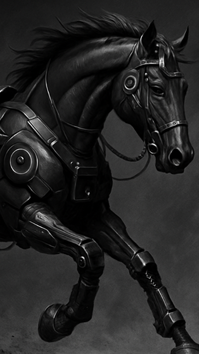Horse with advanced tech to boost performance in black and whie